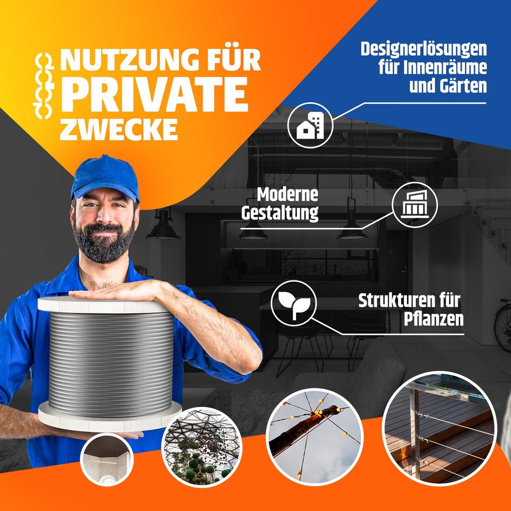 DQ-PP STAHLSEIL - Konstruktion: 1x19 - Durchmesser: 2mm - Länge: 100m - galvanisch verzinktes Drahtseil - Forstseil - Windenseil - Spannseil