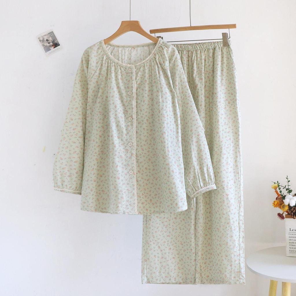 Women's Forest Floral Cotton Pajama Set - Long-Sleeve Gauze Cardigan, Sweet & Loose Nightgown for Spring & Autumn.