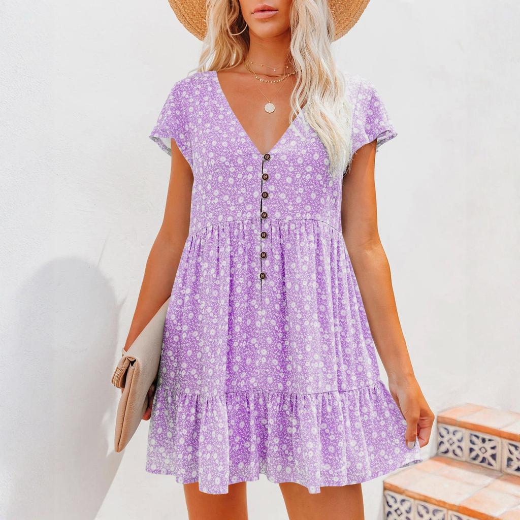 Women's Striped Shirt Dress Short Sleeve Button Front Casual Loose Fit Dress