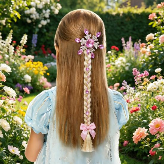 Kids Ponytail Extension with Hair Tie Rhinestone Snowflake Bow Halloween Costume Party Girls Wrap Around Synthetic Long Ponytail Hair Extension
