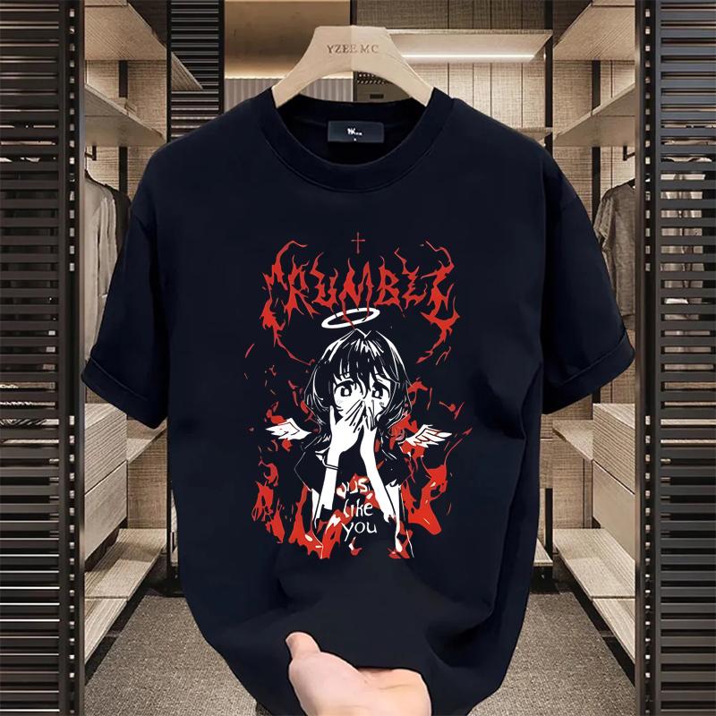 Women's Black Graphic Print T-shirt Avant-garde Skull Corner Design American Classic Retro Anime Girl Street Short Sleeve Couple