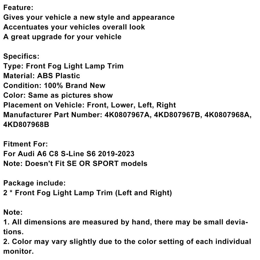2PCS Front Fog Light Lamp Trim Fit A6 C8 S-Line S6 2019-2023 Gray
