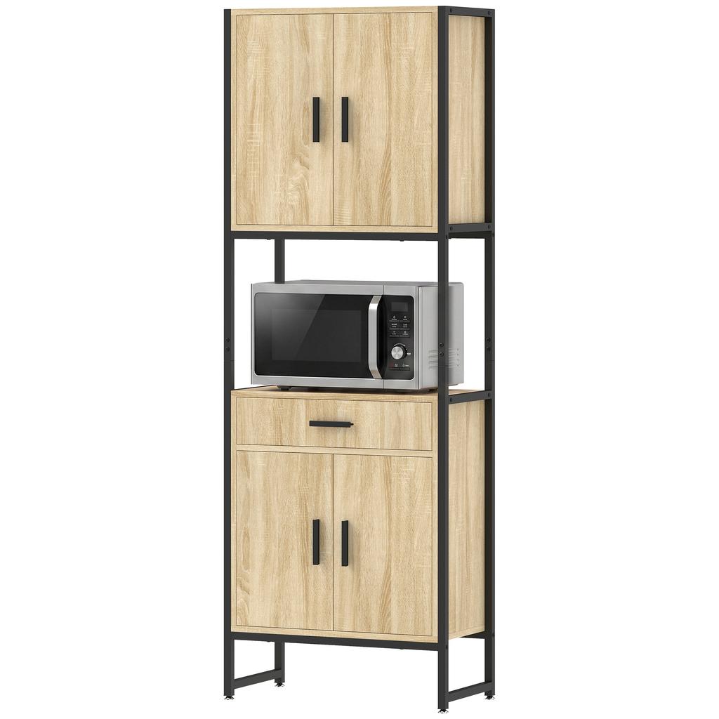 High Kitchen Buffet, 4 Soft-Close Doors, Drawer, Worktop, 60 x 30 x 170 cm, Natural Wood