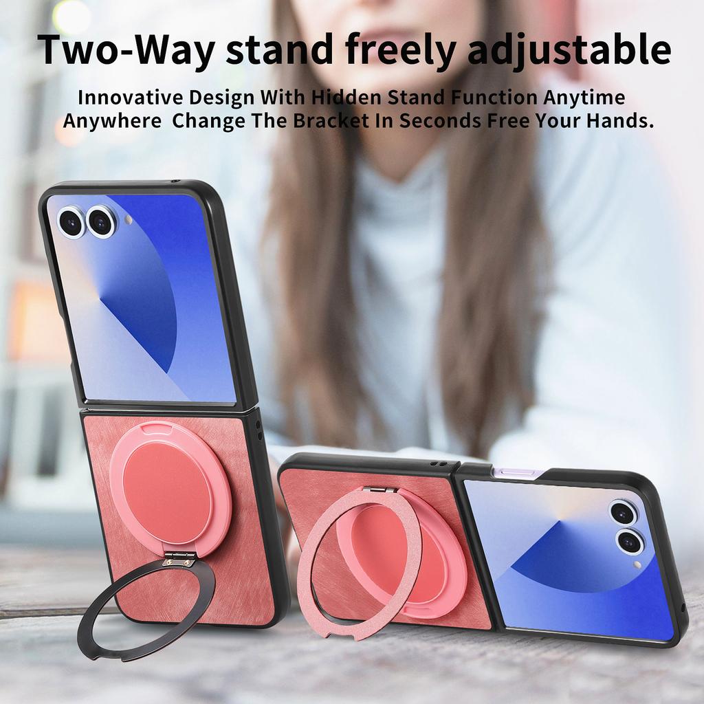 360 Rotating bracket Leather Kickstand Case For Samsung Galaxy Z Flip 7 6 5 4 5G Magnetic Suction Flip7 Flip6 Flip5 Retro Cover