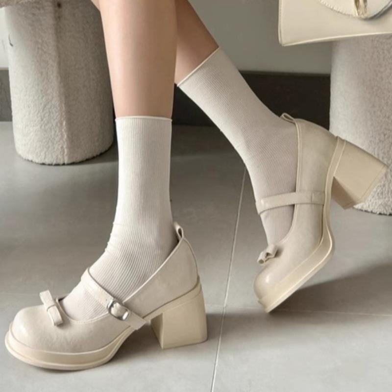 Fashion One Bow Mary Janes Women's Fashion Round Toe Shallow Mouth Platform Non-Slip Block Heel Single Shoes
