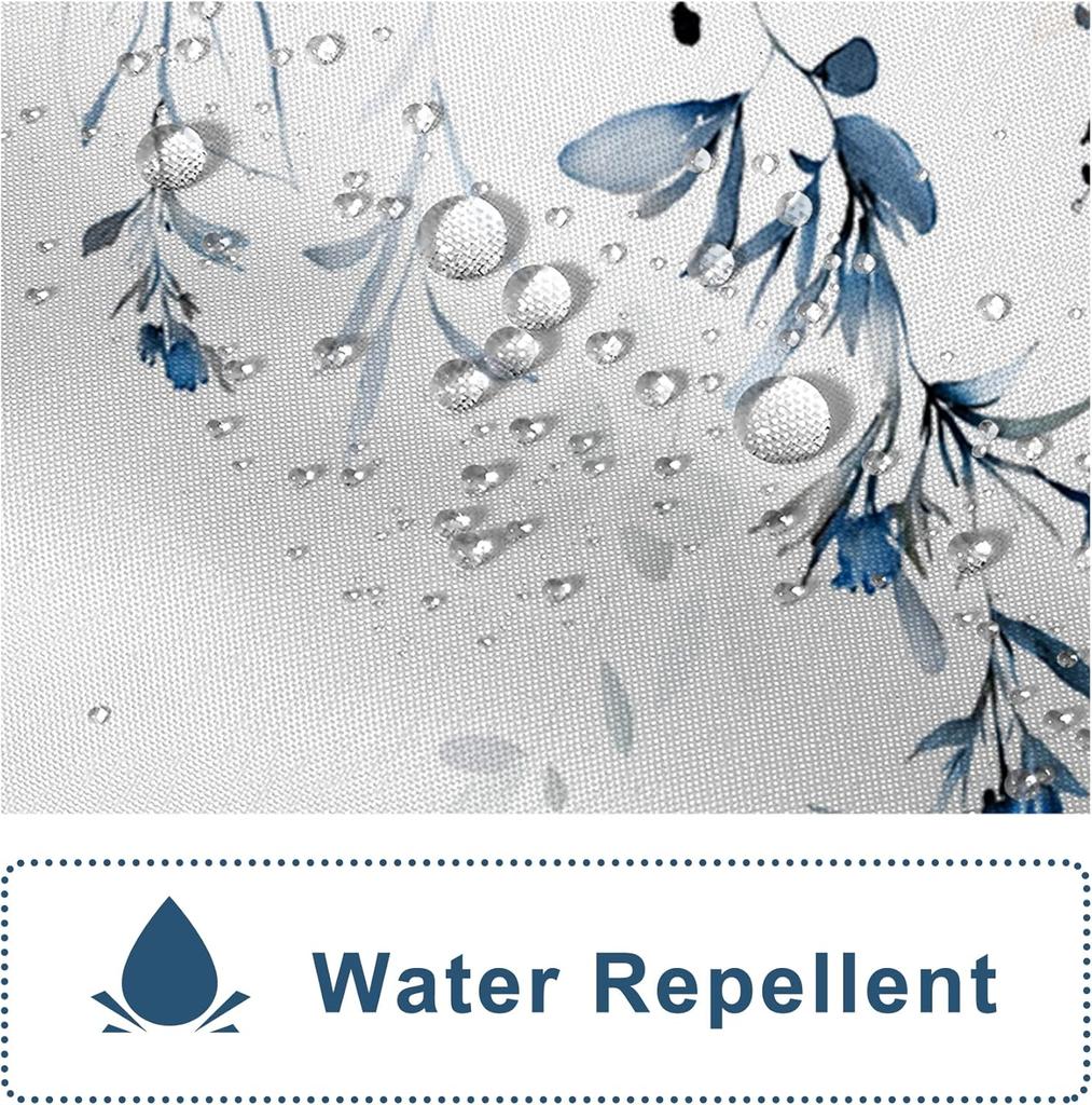 Blue Watercolor Leaves Shower Curtain, Botanical Plants Design Waterproof Bathroom Decor with Hooks