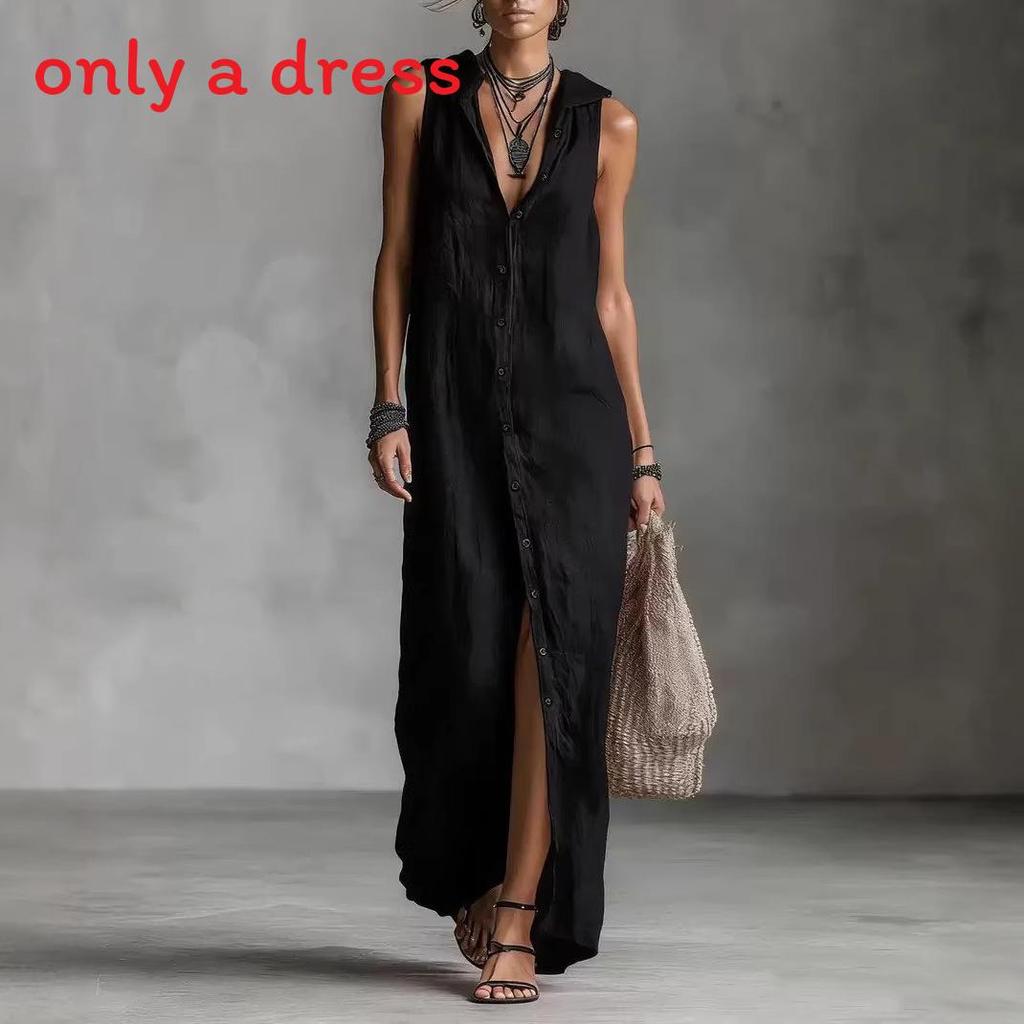 Long Sleeveless Spliced Dress With Polo Collar For Casual Travel And Streetwear