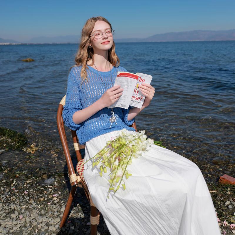 Openwork Knit Round Neck Long Sleeve Loose Short Blouse