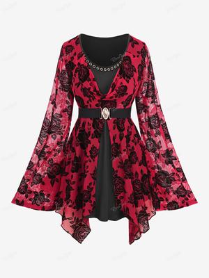 Rosegal Plus Size Cowl Neck Rose Flower Mesh Flocking Layered Ruched Grommet Belted 2 In 1 Bell Sleeve Top
