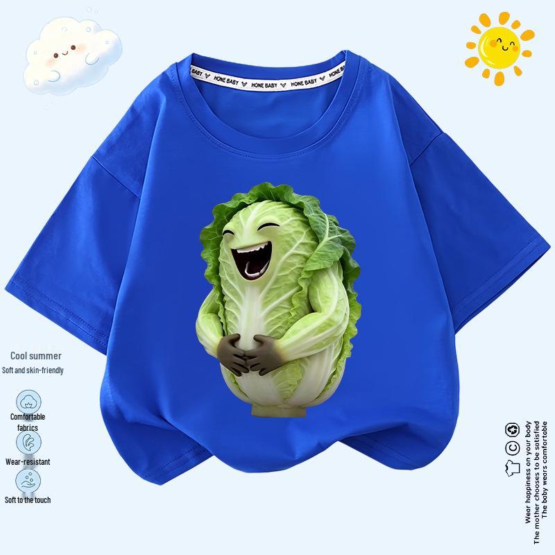 Kids' Smiling Cabbage Short Sleeve T-shirt - Fun Veggie Print, Lightweight, Unisex