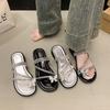 Flat bottom set of toes Internet celebrity French rhinestone slippers 2025 new with skirt women's beach sandals women's summer wear