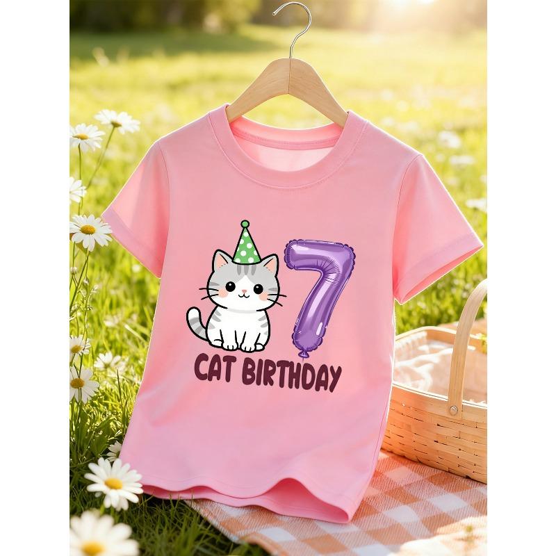 European Sizes Girls' Casual T-Shirt for Spring And Summer with a "CAT BIRTHDAY" Cat Print And Short Sleeves for Birthday Celebrations