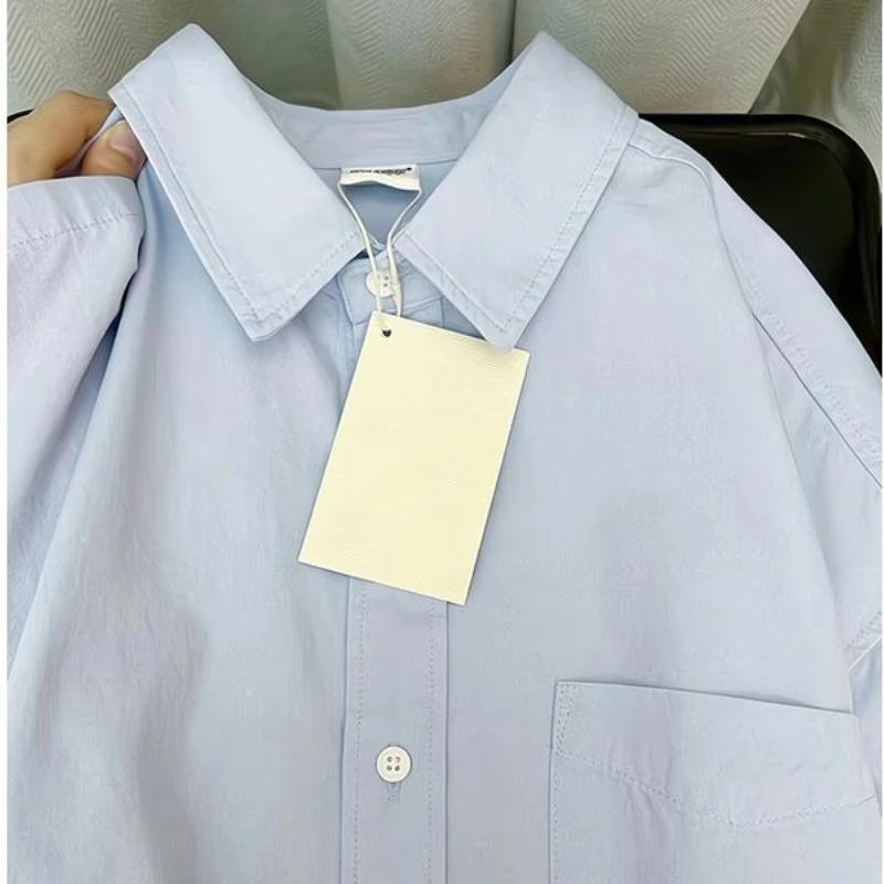 

Женская однотонная тонкая рубашка с солнцезащитным кремом, летний топ с короткими рукавами и карманом, свободный универсальный корейский кардиган M синий