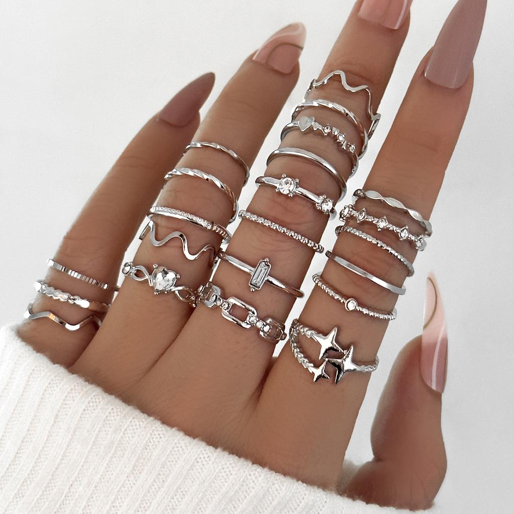 Women Bohemian Carved Unique Retro Love Heart Star Crystal Knuckle Rings Set 22 In 1