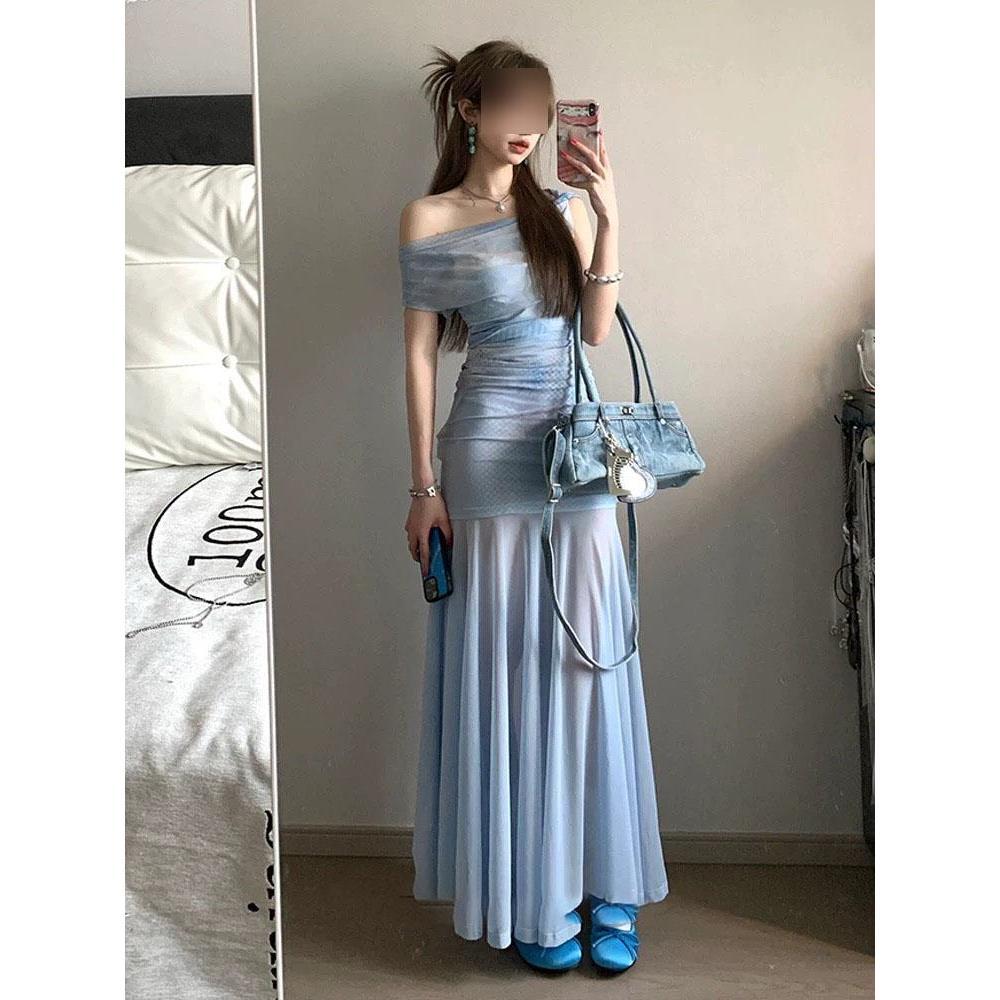 Slash shoulder atmosphere slightly transparent a-word tulle skirt, seaside vacation style leisure beach hip fish tail dress