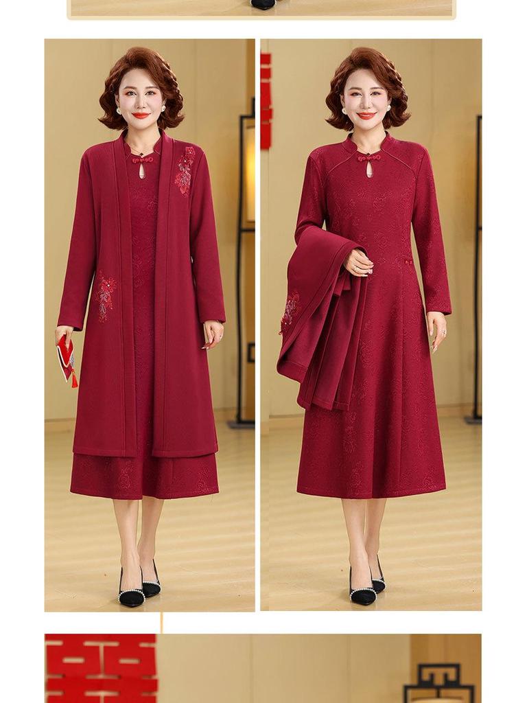 Winter Mother-in-law Wedding Outfit 2025: Velvet-Enhanced Dress Suit for Middle-Aged & Elderly Mothers.