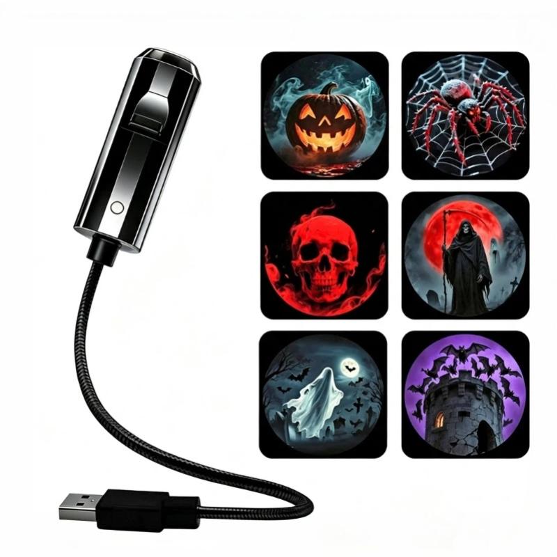 USB Halloween Christmas Projector Light with Adjustable Gooseneck & Swap Pattern Films – Indoor Outdoor Decor for Parties, Home, Windows