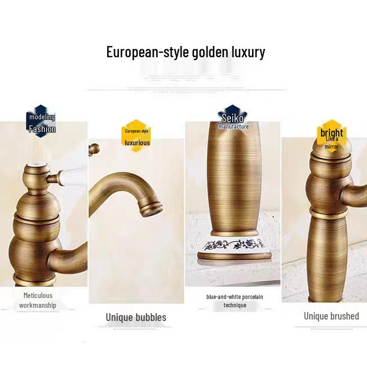 European Antique Swivel Faucet: Hot & Cold Countertop Basin, Single Hole Retro Design