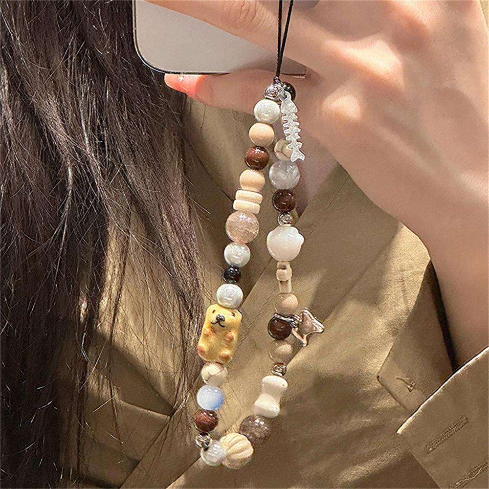 Korean Cute Bear Stone Beaded Phone Chain For iPhone Bracelet Strap Lanyard Pendant Jewelry Women Girls Charm Hanging Rope Cord
