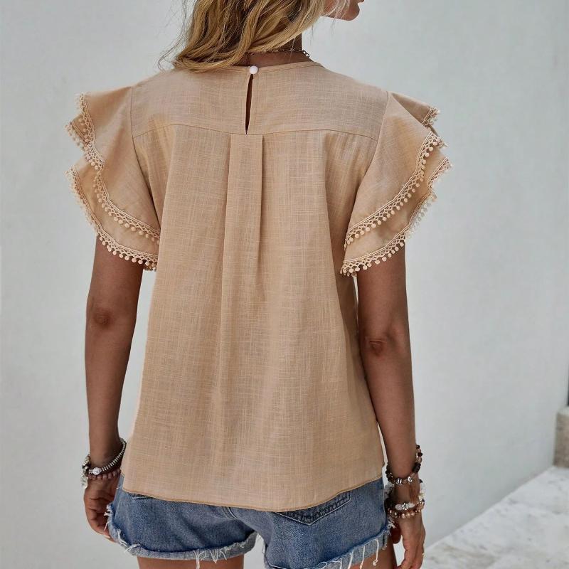 Moda Casual Cuello Redondo Tops de Verano para Mujer Camisas Sueltas Blusa Vintage de Encaje con Borlas y Mangas Volantes Camisa Lisa Elegante de Corte Ajustado para Mujer Nuevo 26424