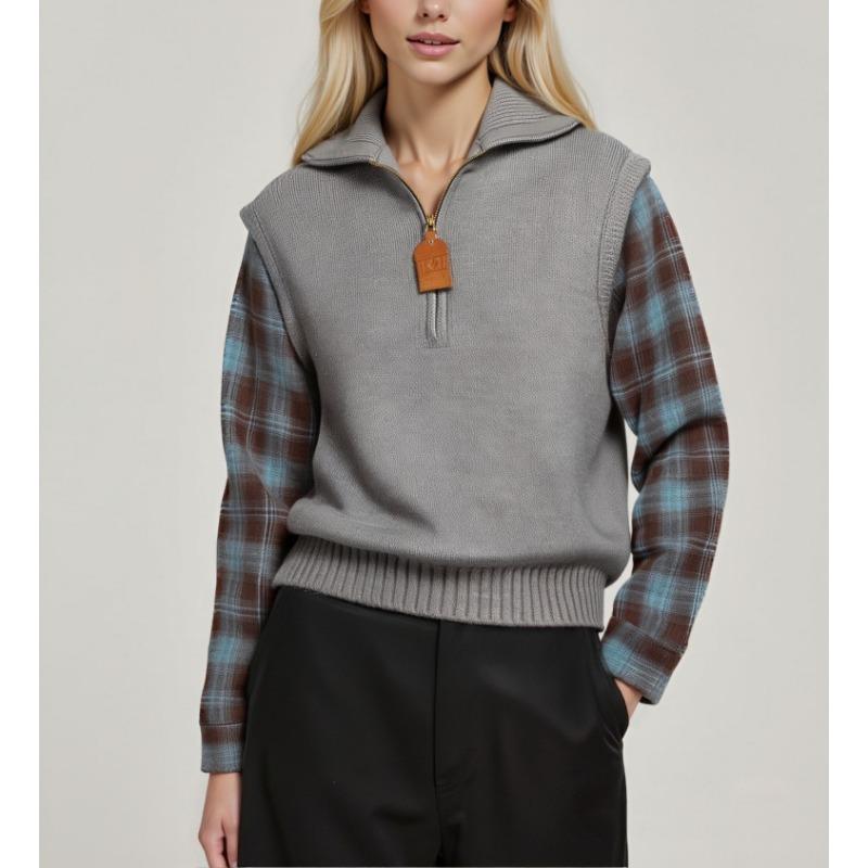 

Fake two-piece splicing plaid sweater autumn and winter new half-zipper splicing lapel knitted sweater women One size светло-серый