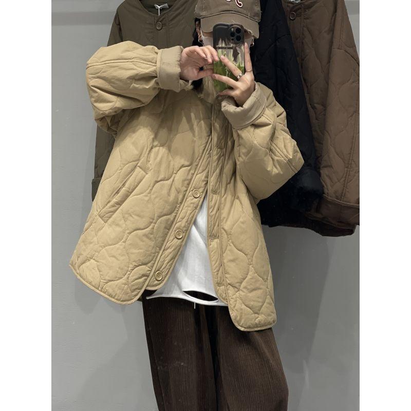 Vintage loose casual cotton-padded jacket winter light round neck rhombus top women's trend