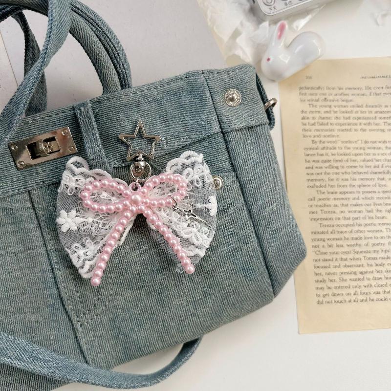 Bead Bow Lace Pearl Keychain INS Style Creative Pendant for Women Purse Handbag Lovely Gift