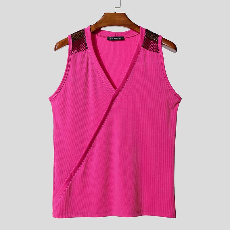 

INCERUN Summer Men V Neck Front Cross Solid Hollow Patchwork Casual Rib Tank Tops 5XL темно-розовый