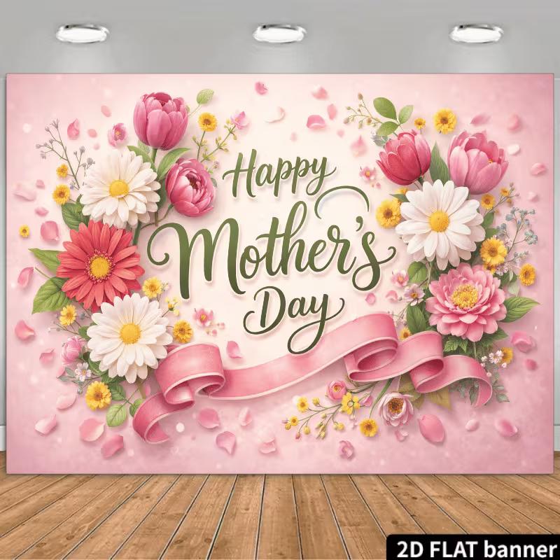 

2D Happy Mother s Day Floral Backdrop Pink Tulip Daisy Background 47.2x31.5inch/120*80cm