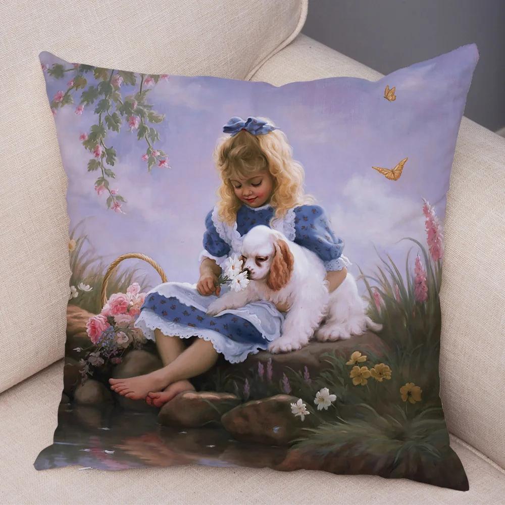 Cute Cartoon Children Cushion Cover Decor Harajuku Oil Painting Lady Pillowcase for Sofa Home Soft Plush Throw Pillow Case