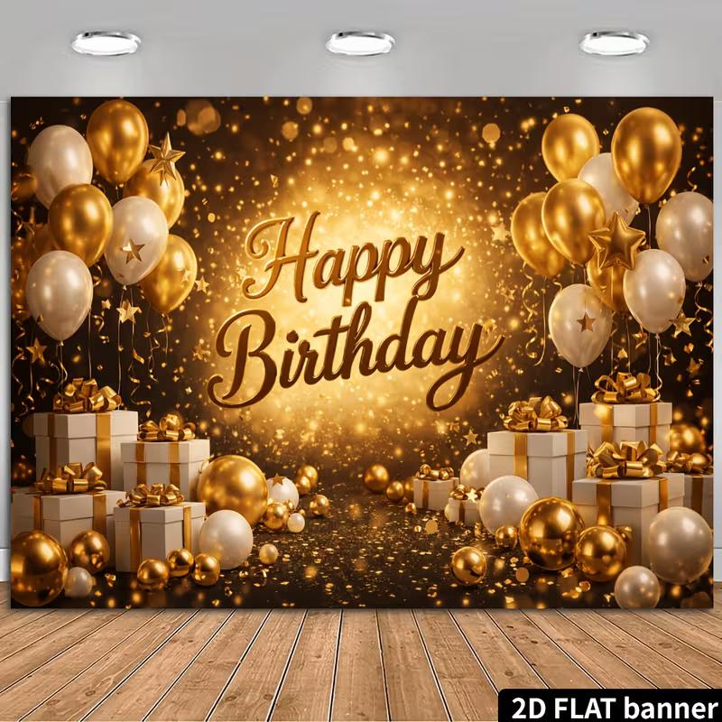 

2D Black Gold Happy Birthday Backdrop Balloon Gift Box Party Photography Banner 47.2x31.5inch/120*80cm