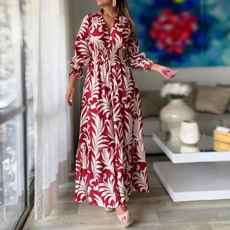 Women's Solid Color Printed Large Dress Solid Color Printing Large Swing Dress Female