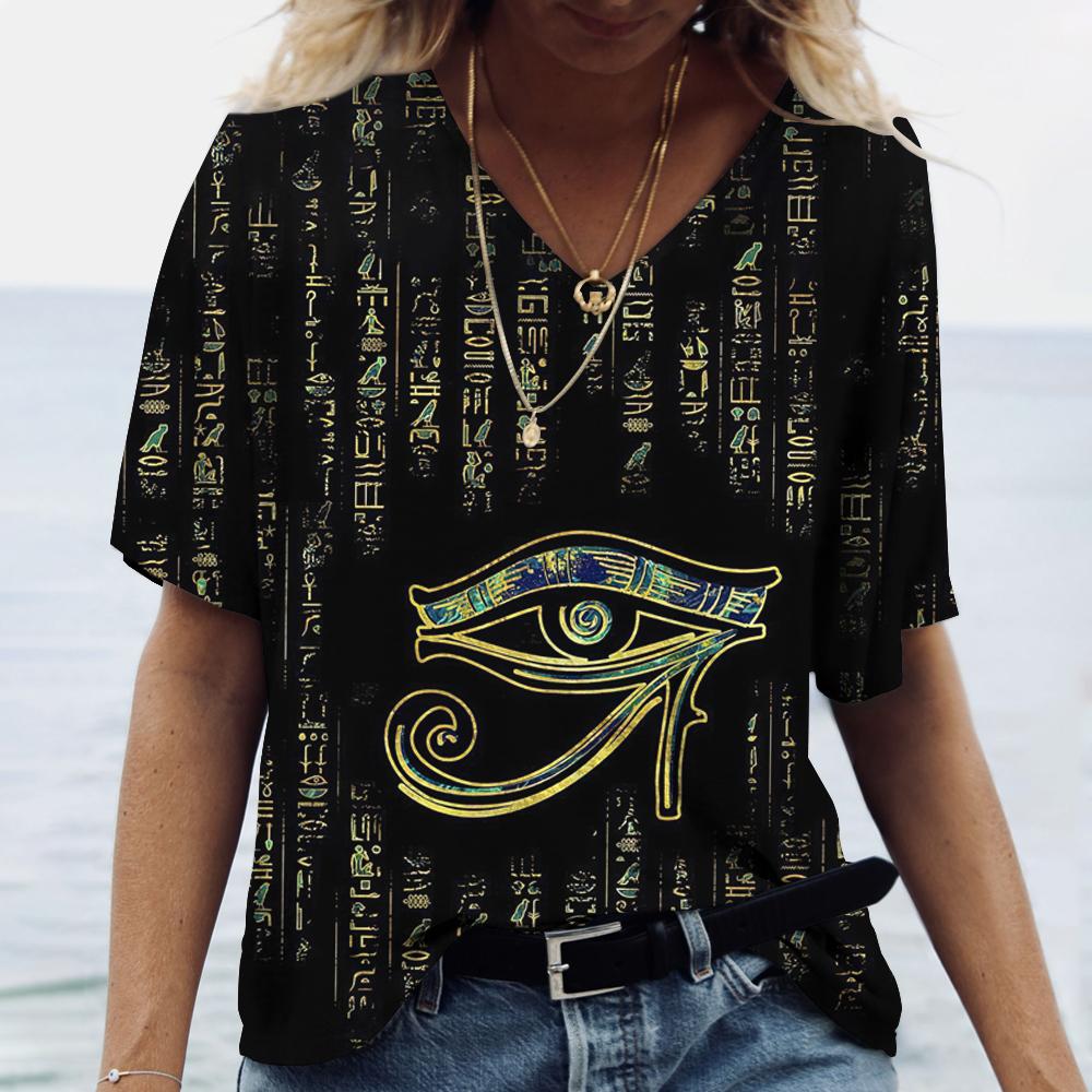 2023 Women's V-neck T-shirt Street Ancient Egyptian Ethnic Costume Print Women's Top Short Sleeve Casual Fashion Women Clothing