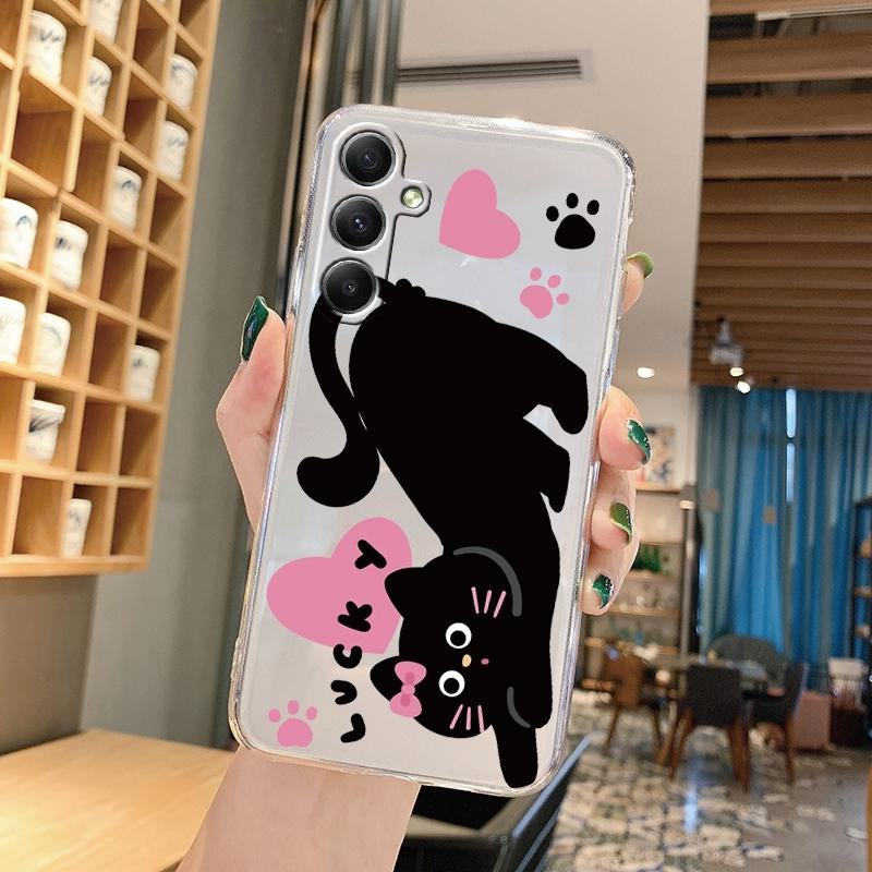 Cute Cat Cartoon Soft Transparent Silicon Case For Samsung A55 A35 M35 M34 S24 Xiaomi Redmi Note 13 Pro 13C Poco M6 Camera Shockproof Protective Cover