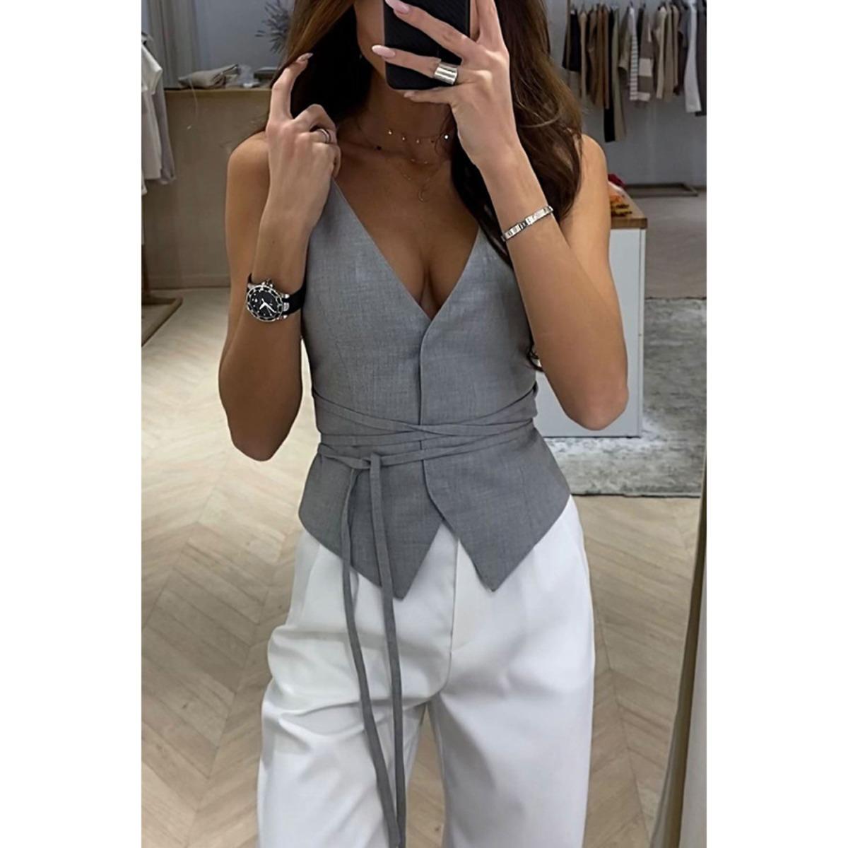 Women s V Neck Sleeveless Vest Loose Fit Casual Solid Color Tie Front Woven Waistcoat Top S серый