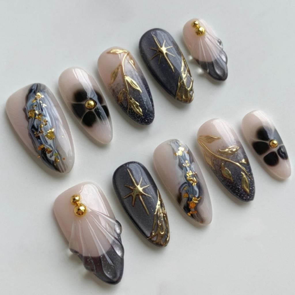 24pcs White Flower Fake Nail Tips Yellow Pink Blush False Nails Wearable Full Cover European Almond Shaped Press on Nails