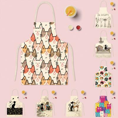 1Pc Apron Cotton Linen Cooking Cute Cat Printed Home Sleeveless Aprons Men Women Baking Accessories Household Kitchen Supplies