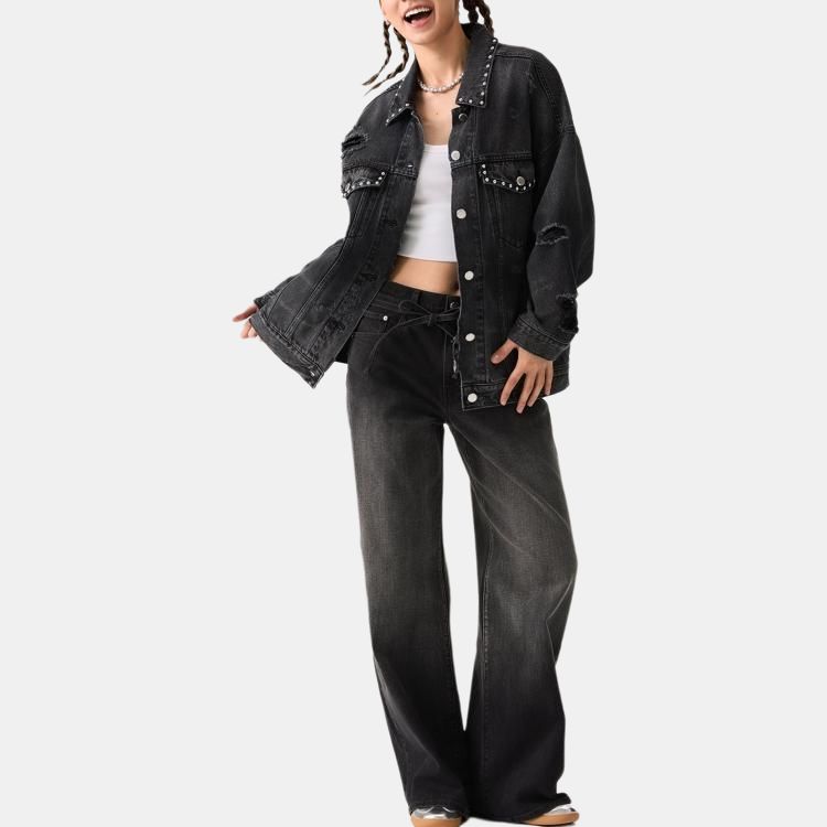 Levis Loose Comfortable Simple Distressed Fleece Long Sleeve Denim Jacket Women Jackets Black 002YY-0000