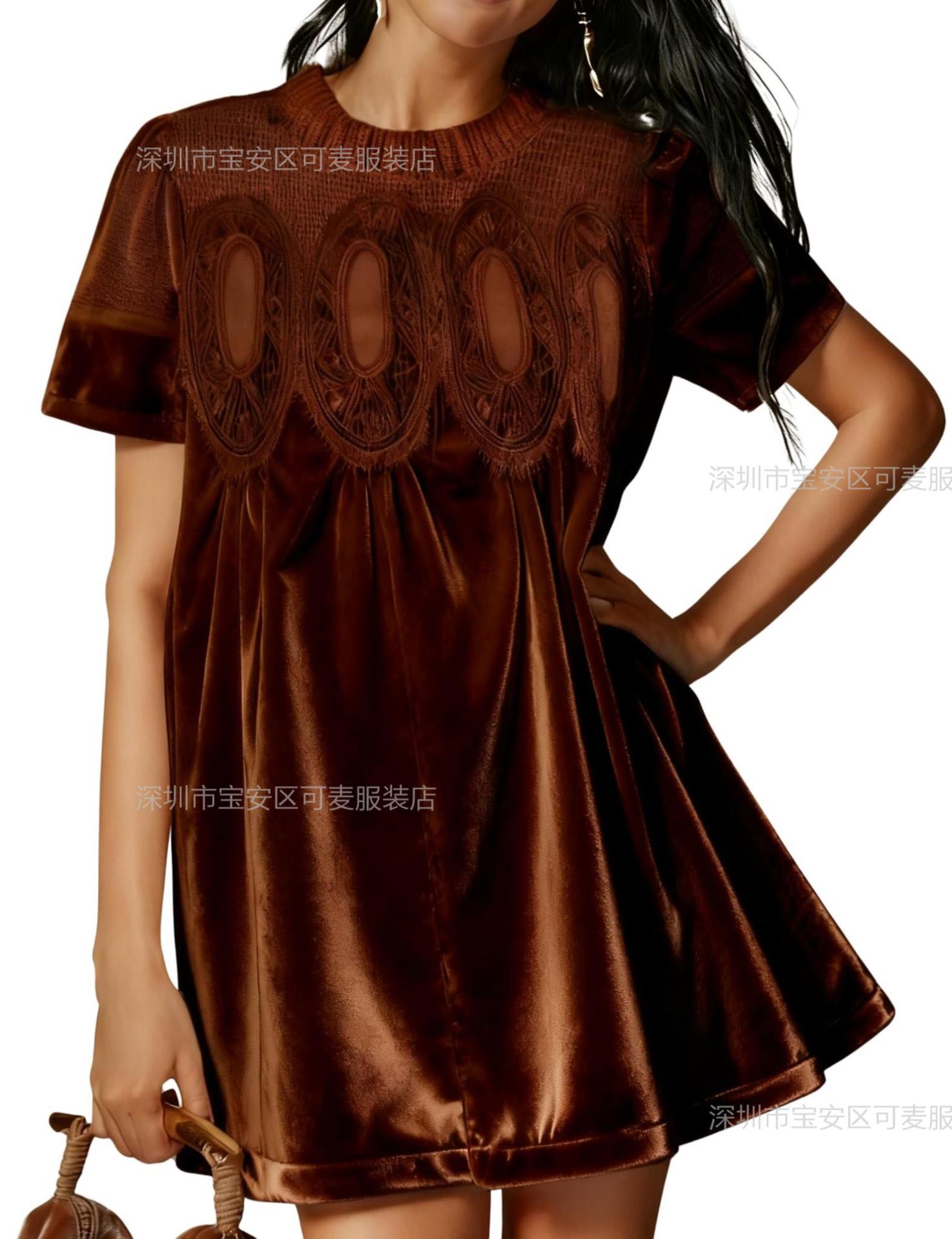 

Spring and Autumn New High-end Velvet Temperament Wood Ear Edge Collar Splicing Lace Short Sleeve Dress Women S коричневый