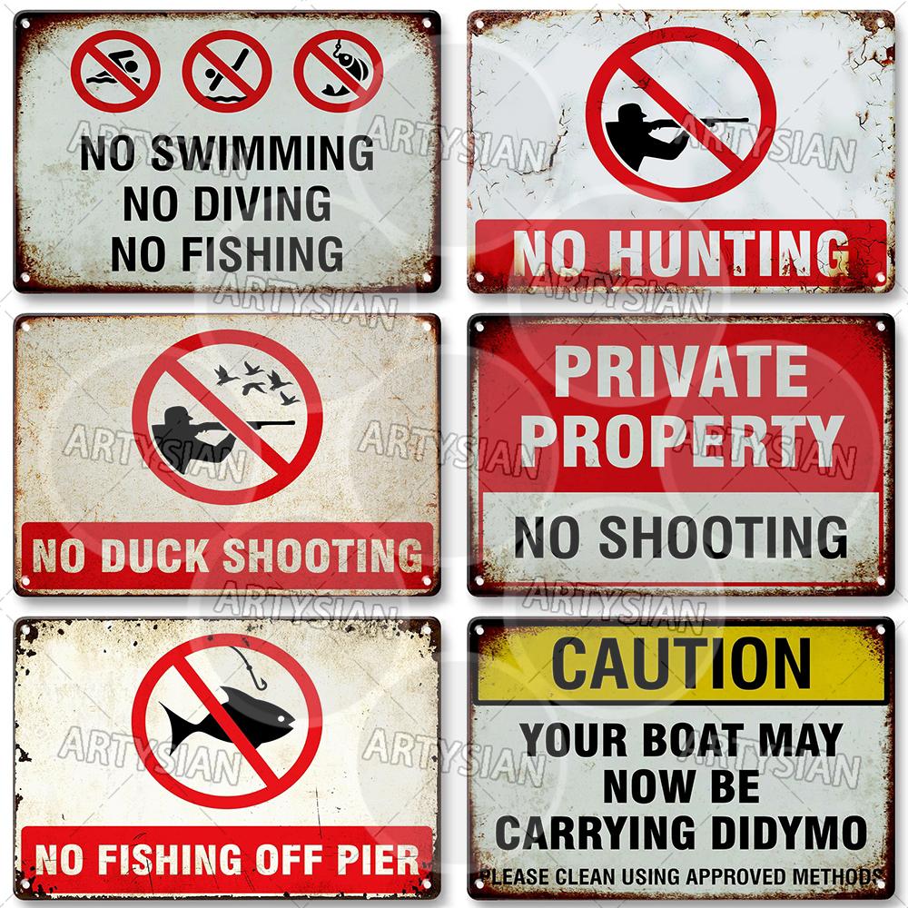 DORA Tin Sign Hunting Fishing Warning Metal Sign Shooting Range Caution Plaque No Duck Shooting Private Property Animal Wildlife Protection