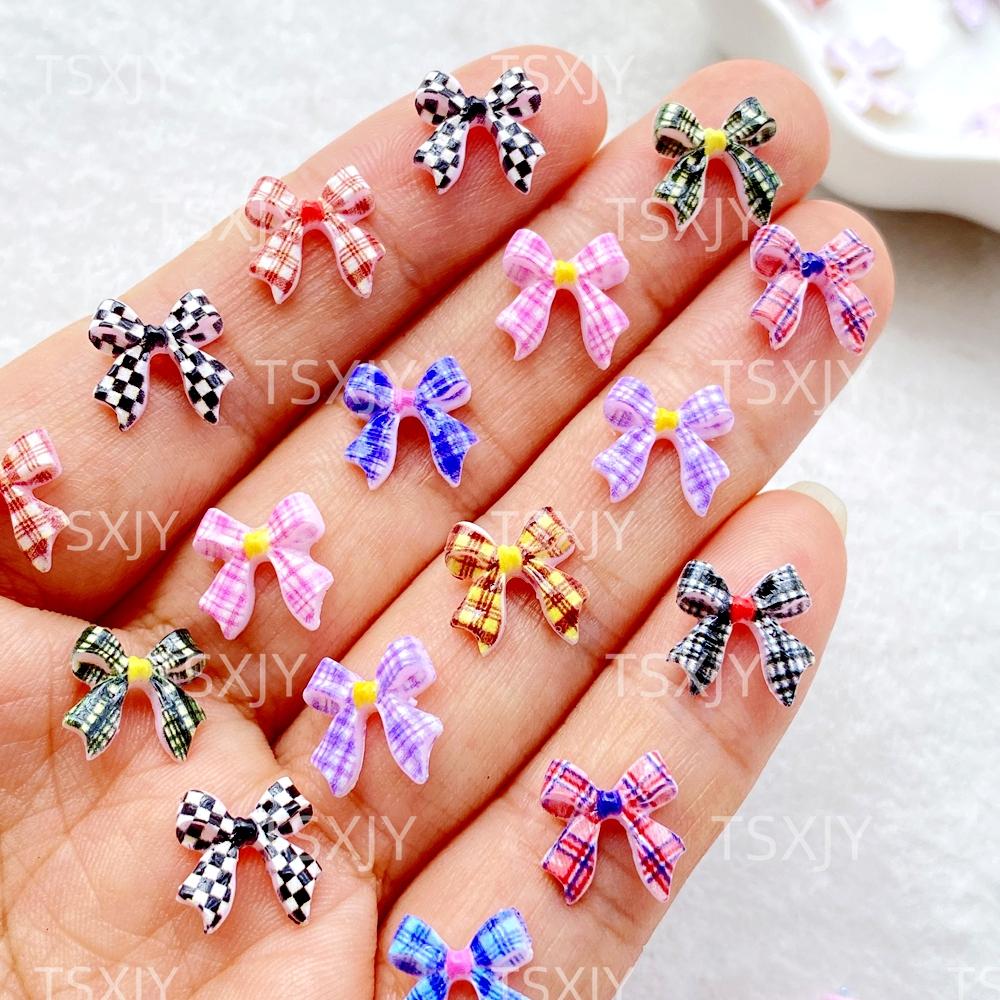 50Pcs Cute Mini Colorful Grid Bow Nail Art Resin Designer Charms DIY Craft For Nail 3D Decorations Jewelry