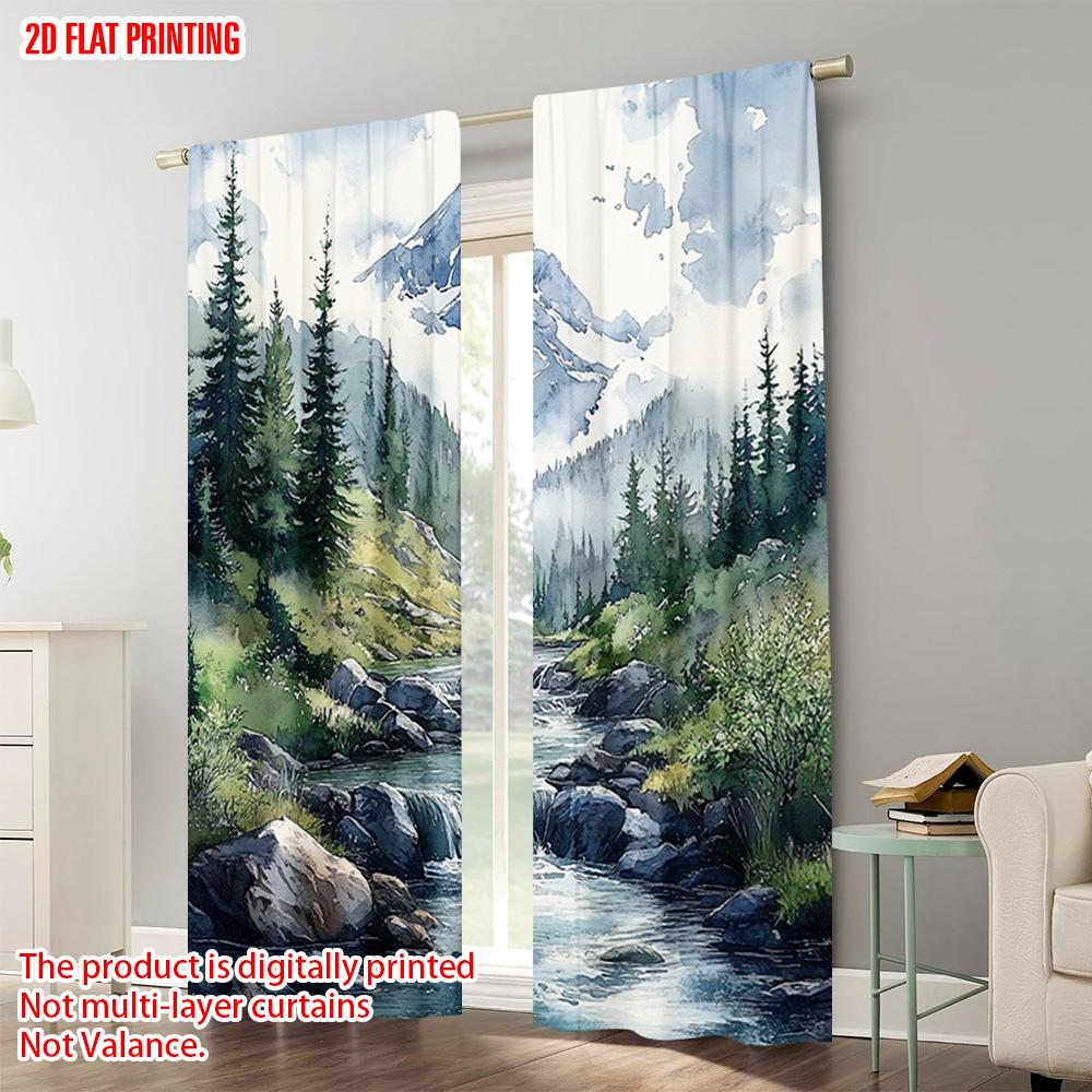 2pcs, plane printing Popular Curtains Serene Forest & Stream Versatile 100% Polyester (without rod) Outdoor Decorations for