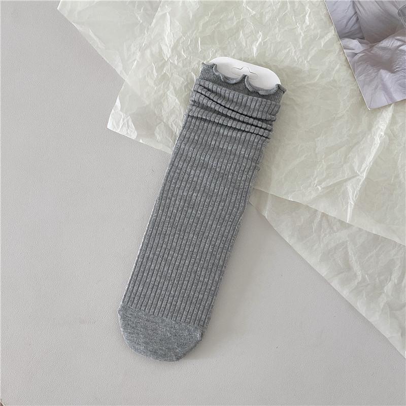Women's Ribbed White & Gray Lace Trim Socks - Trendy Miu Style