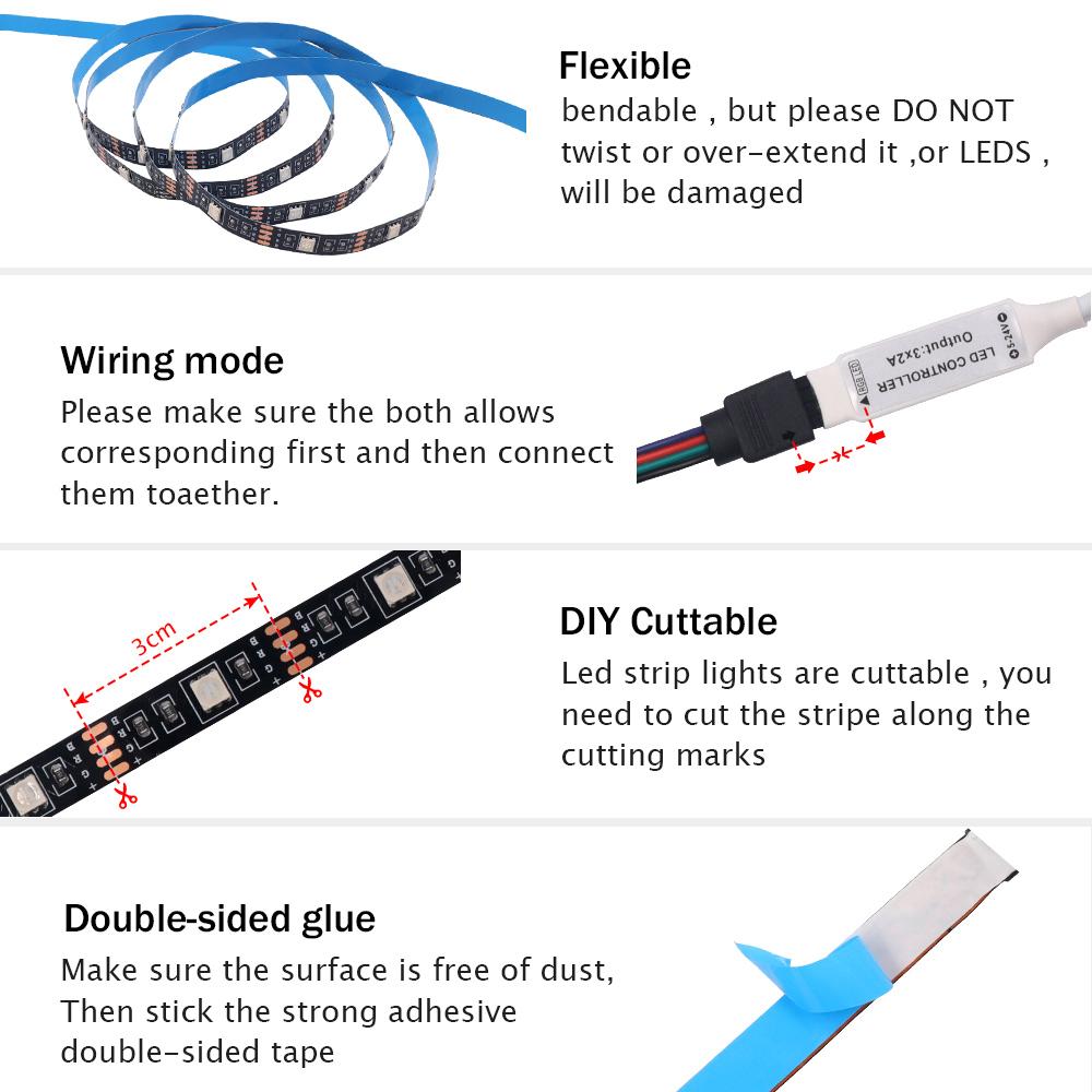 DC 5V Remote Control RGB Led Strip Light 5050 30Leds/m Battery Power Changing Color Waterproof Ribbon Tape Lights String Strip