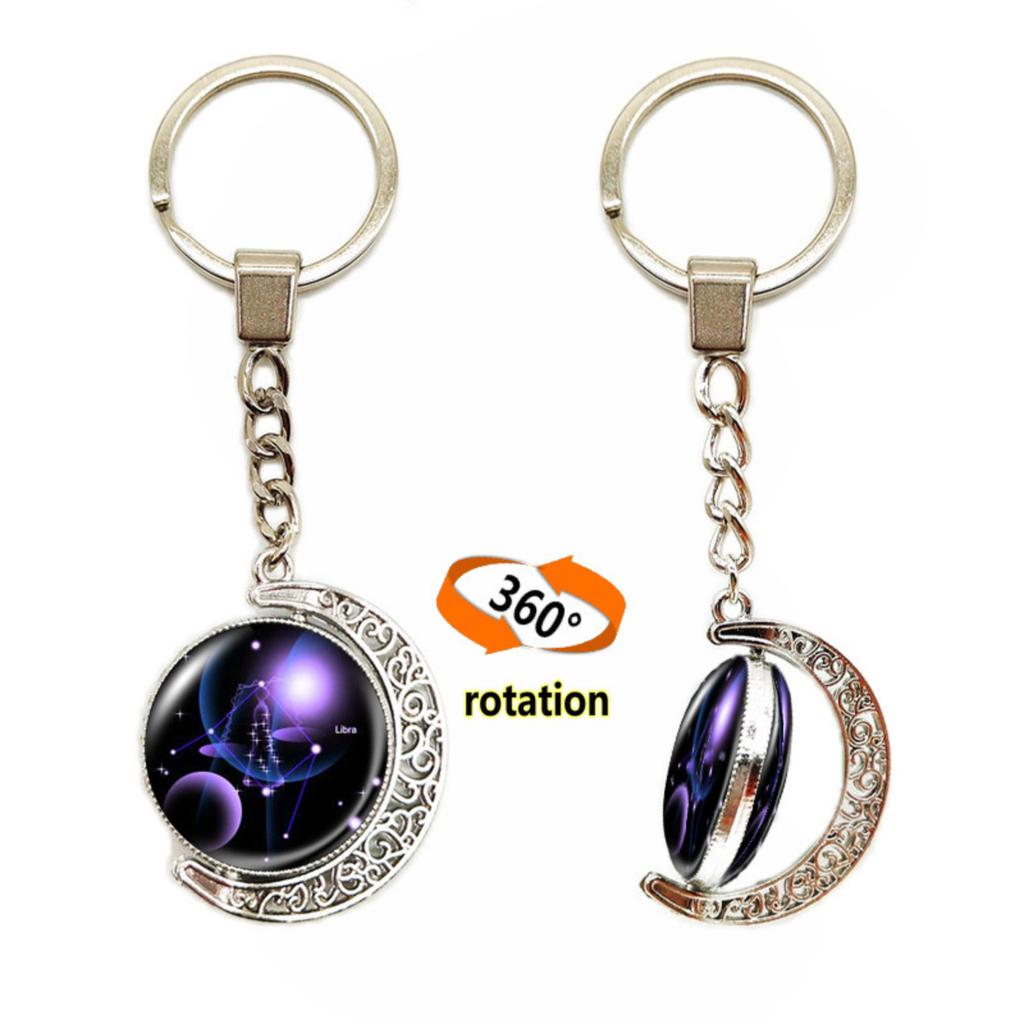 Schlüsselanhänger mit 12 Sternzeichen, im Dunkeln leuchtend, Taschenanhänger, Zeit-Edelstein, doppelseitiger Glaskugel-Schlüsselanhänger