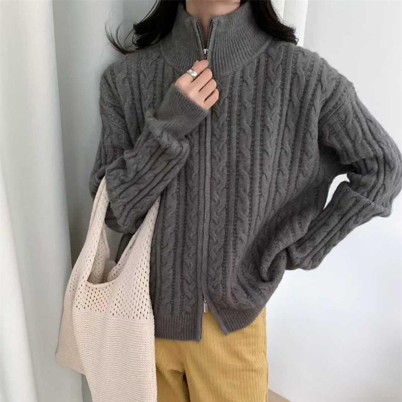 Retro twist knitted cardigan for women's autumn and winter new lazy wind double zipper stand-up neck sweater jacket for women