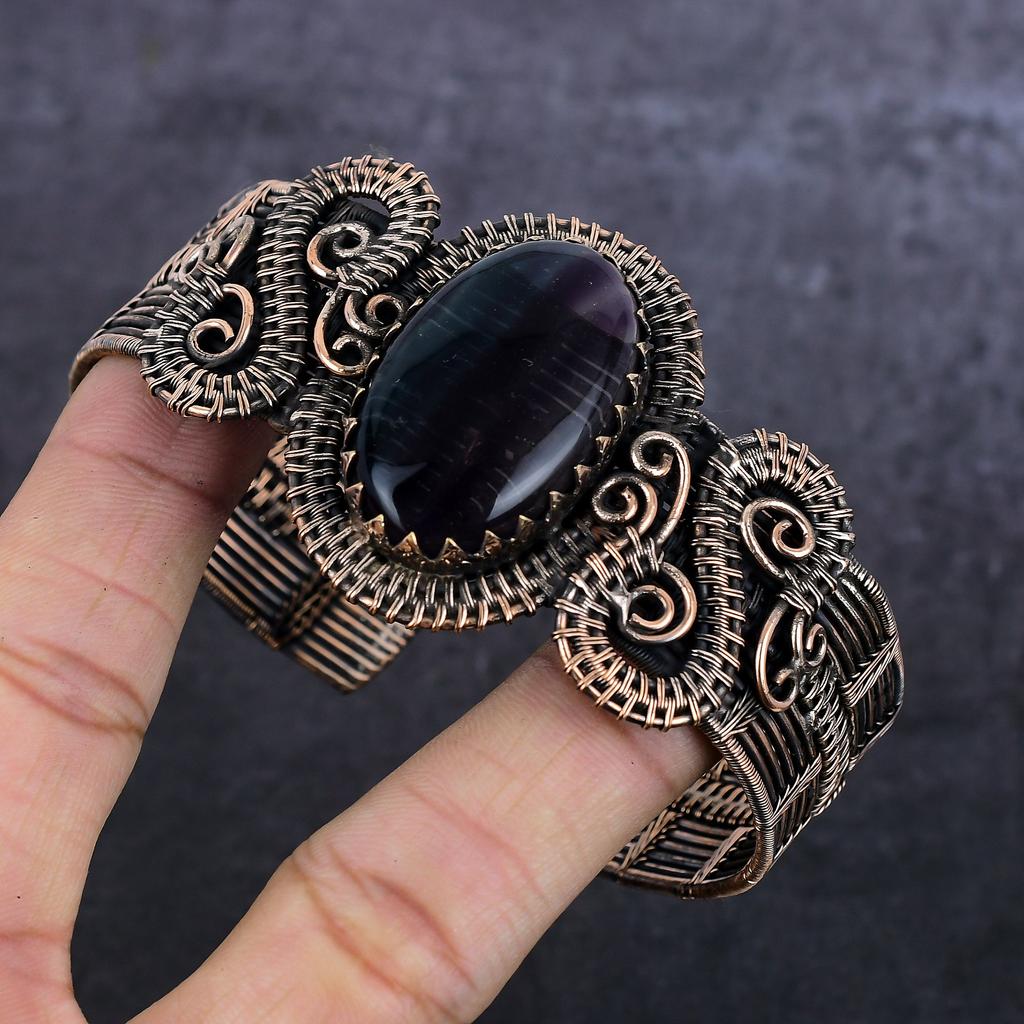 Natural Fluorite Gemstone Handmade Copper Wire Wrap Cuff Bangle Adjustable I4R90