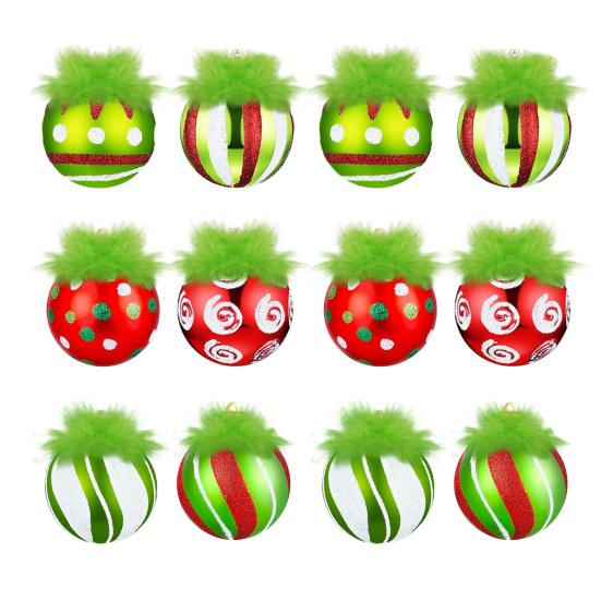 2.4 Inch Christmas Ball Ornaments with Fuzzy Green Hair Glittering Hanging Furry Elf Ball Decoration Red Green Plastic Ball Ornament for Xmas Tree