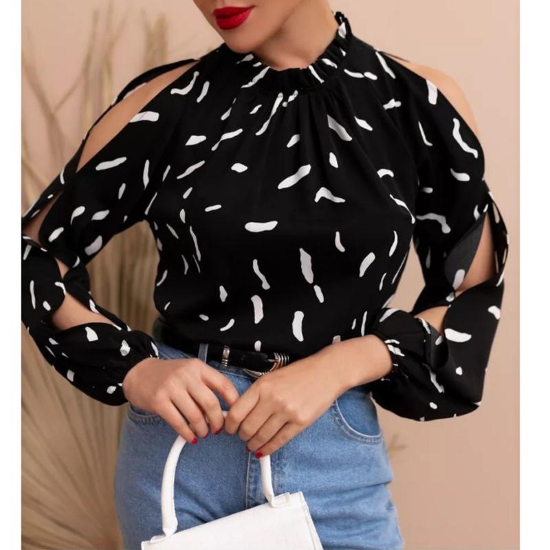 

Модна Елегантна Жіноча Шифонова Блузка з Відкритими Плечима, з Довгим Рукавом, Принтована, Вільна, Офісна, Весна-Осінь, Вільний Повсякденний Простий Топ, Жіночий Одяг S