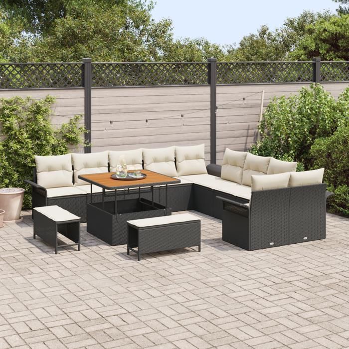 Set of 13 Pieces of Garden Sofa with Black Cushions Poly Rattan Acacia, 2-seater Garden Sofa with Black Cushions 3362185